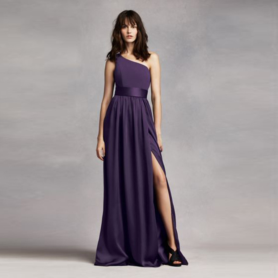 One Shoulder Dress with Satin Sash VW360215 Bridesmaid Dresses with Sash Front Slit Wedding Party Dress Formal Gowns