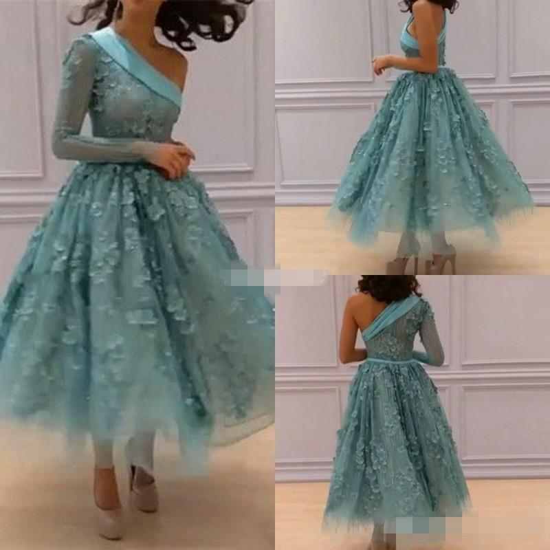 Personnalisé 2019 Une Épaule De Bal Robes 3D Floral Appliques Robes De Soirée À Manches Longues Cheville Longueur Une Ligne Robes Femmes Robe De