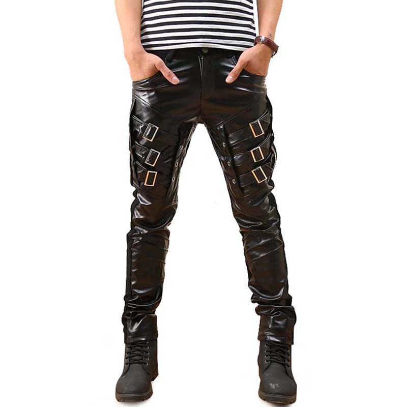 

Wholesale-New Arrival Mens Korean Gothic Punk Fashion Faux Leather Pants PU Buckles Hip Hop Applique Black Leather Trousers Male