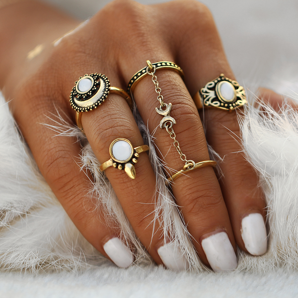 

Wholesale- IF ME Ethnic Turkish Moon Sun Finger Rings Set Natural Opal Stone Link Chains Midi Rings Jewelry For Women Antique Gold Color