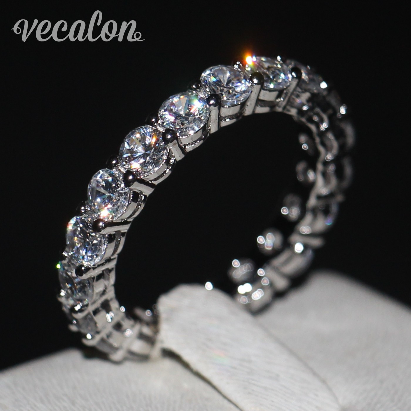 

Vecalon Women band Ring Round cut 4mm Simulated diamond Cz 925 Sterling Silver Engagement wedding ring for women Fashion Jewelry