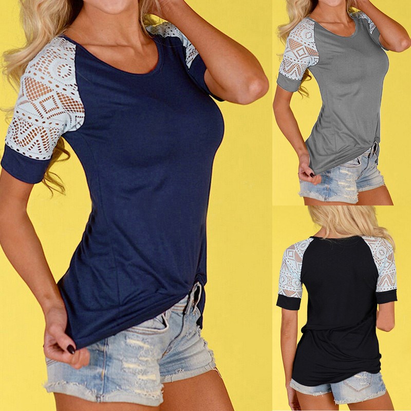 

Wholesale- 2016 Brand New Women Lace Hollow Short Sleeve T-shirt Summer Style O neck Patchwork Slim Tops Tee Shirts Plus Size S-5XL Blusas, Black