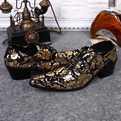 

Gold Printing Leather Mens Trend Pointed Toe Dress Shoes High-Heel Mens Derby Shoes Lacing Up Flower Wedding Shoes, Yellow