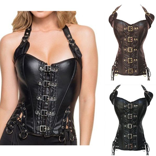 

Wholesale-Steampunk Sexy Black Faux Leather Buckle Overbust Halter Corset Top Waist Training Corselet Burlesque Costume Push Up Corsets