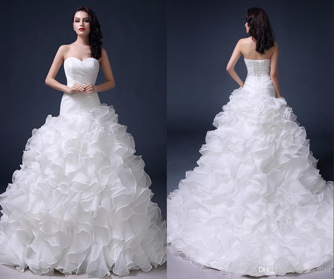 

Luxury Mermaid Wedding Dresses Sweetheart Strapless Ruffles Organza Court Train Tiered Lace-up Bridal Gown vestido de novia, White