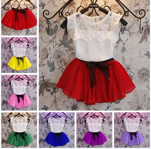 DHL 7 Couleur Baby Dentelle Bowknot Bowknot Filles Robe Costumes T-shirt en coton en dentelle d'été + Jupe courte 2 PCS Vêtements enfants