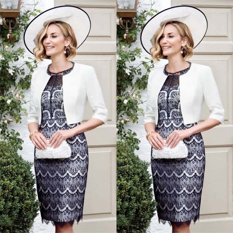 

New Mother of the Bride Dresses Modest Navy Blue Lace Cocktail Party Gowns Groom Mother Suit Illusion Neck Gowns White Bolero