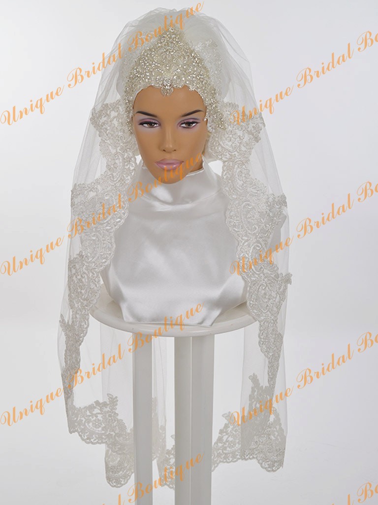 

Muslim Wedding Veils 2016 with Lace Appliques Edge and Crystals Rhinestones One Layer Elbow Length Bridal Hijab Free Shipping, Black