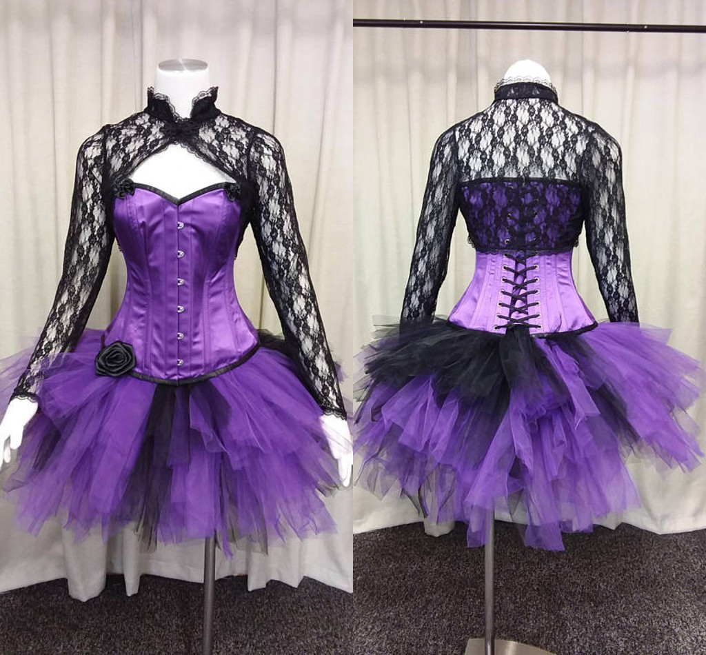 

Vintage Purple Gothic Short Prom Dresses with Lace Jacket 2018 Real Image Corset Steampunk Outfit tutu Costume Evening Wear Dress, Chocolate