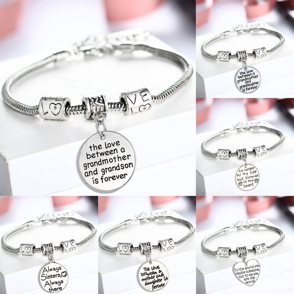 5pcs / lot 6styles Vintage Silver Pendentif Charm Gravure Love grand-mère Sœur Fille Bracelet Bracelet en cadeau pour la famille