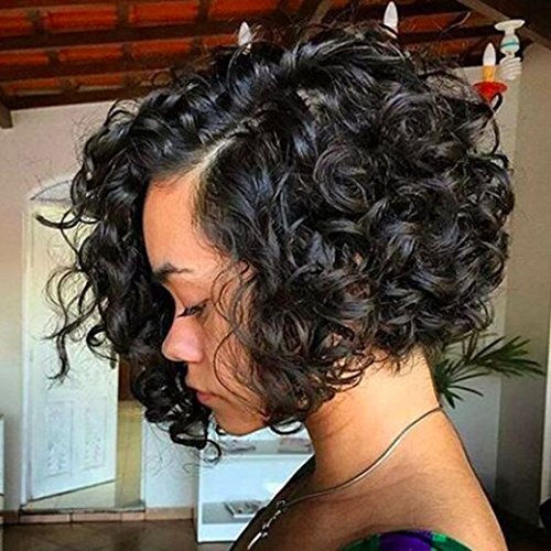 

Lace Front Human Hair Wigs Funmi Curly Wavy Short brazilian remy Romance Bouncy Curl wig pix xie cut Frontal Bob 150%density diva1, Natural color