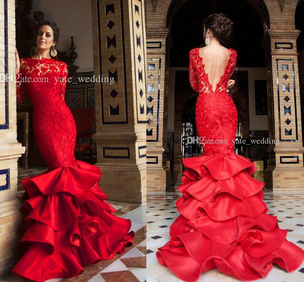 

2017 Elegant Red Mermaid Evening Dresses Bateau Neck Long Sleeves Lace Satin Backless Women Prom Dresses Formal Gowns Sweep Train, Purple