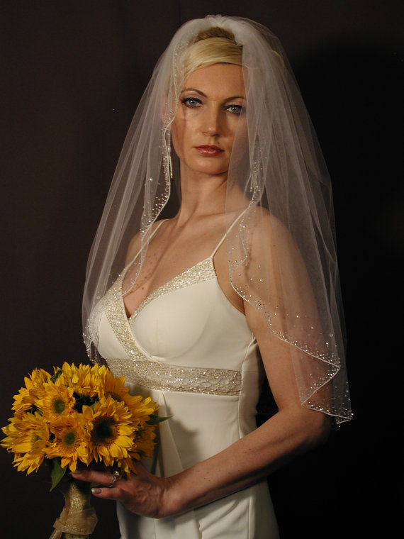

New l Beaded Line Edge White Ivory Champagne Wedding Veil Elbow Length Bridal Veil Beaded Sequin With comb 883
