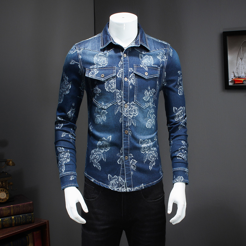 Vente en gros - Nouveaux hommes chemise Mode 2017 Slim Fit T-shirts à manches longues Mens baisses Collier Double poche Design Jeans chemise Homm