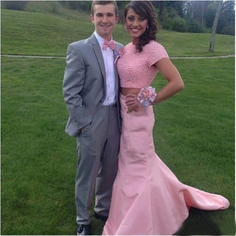 

Charming Pearls Sexy Two Pieces Evening Dresses Mermaid Pink Satin Short Sleeves Prom Dress Vestido De Formatura Longo, Hunter
