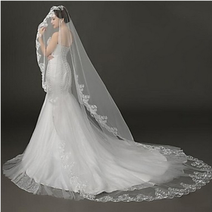 

New High Quality Sexy Romantic One Layer Chapel Lace Applique veil Bridal Head Pieces For Wedding Dresses, White