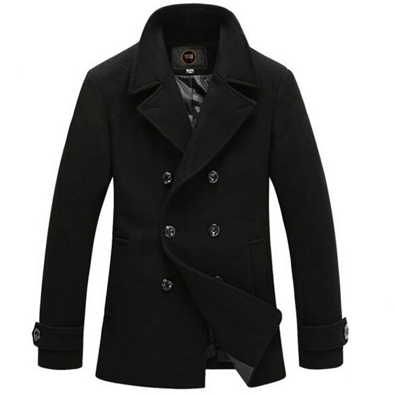 Fall- New Fashion Men Woolen Coat Casual Duble-Breasted Men Jackets Outwear Winter Overcoat Black Size M-3XL Free Shipping