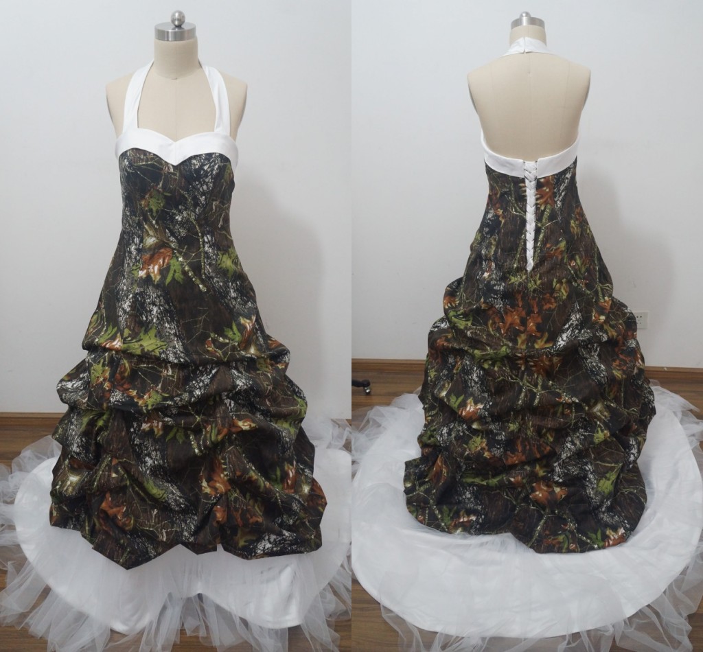 

2016 Plus size camo wedding Dresses with Ruffles halter Back corset A Line Satin and tulle Fashion Bridal Gowns vestiods Real Picture, White