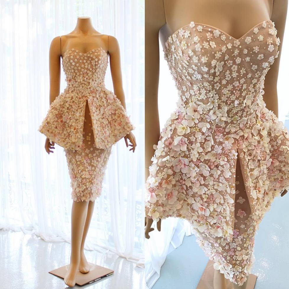 

Unique 3D Appliques Peplum Prom Dresses Sweetheart Neck Beaded Short Evening Gowns Knee Length Cheap Custom Made Formal Dress, Fuchsia