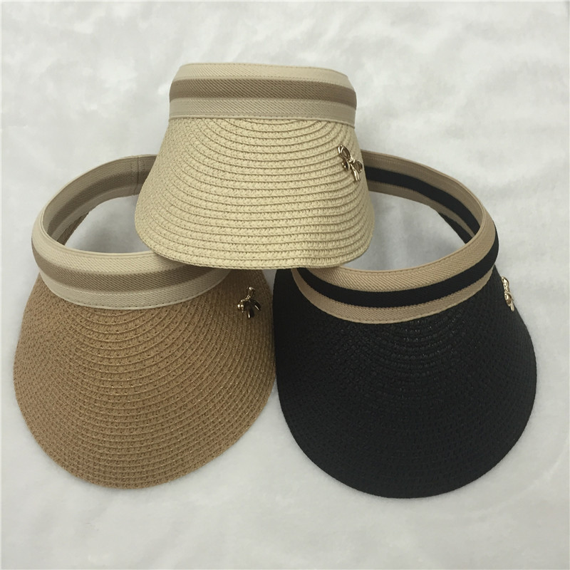 

Wholesale-2016 New striped summer Paper straw visors for women sun visor cap tennis Bowknot ladies sun hats black beige