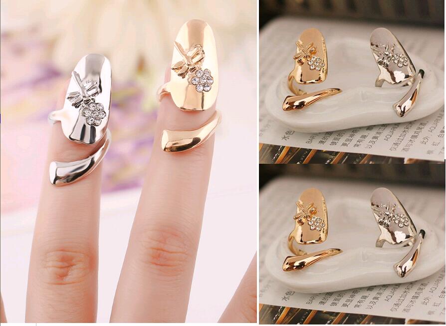 

Cute Exquisite Queen Dragonfly Design Nail Ring Rhinestone Plum Snake Gold Silver Finger Rings Jewelry for Women