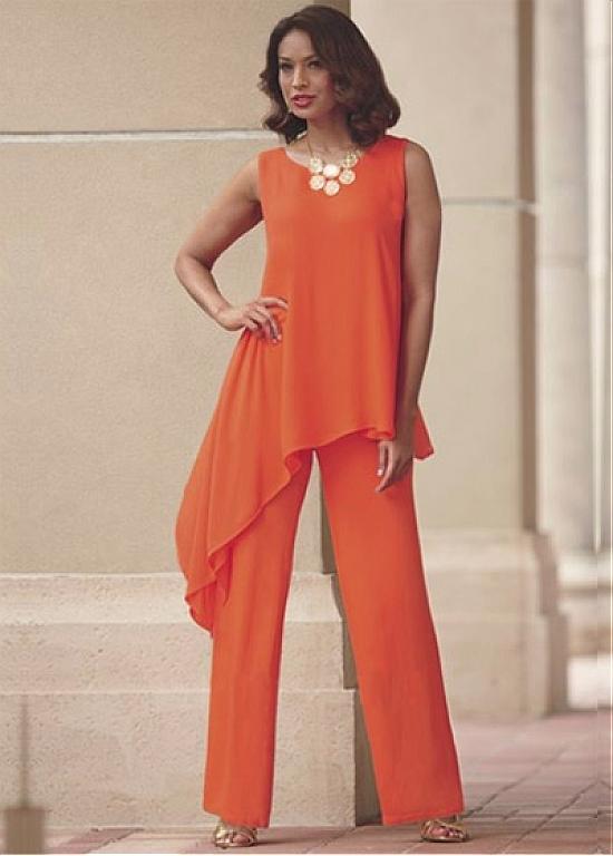 

Orange Two Pieces Mother of the Bride Pant Suits For Wedding Jewel Neck Chiffon Wedding Guest Dress Asymmetric Plus Size Formal Dresses