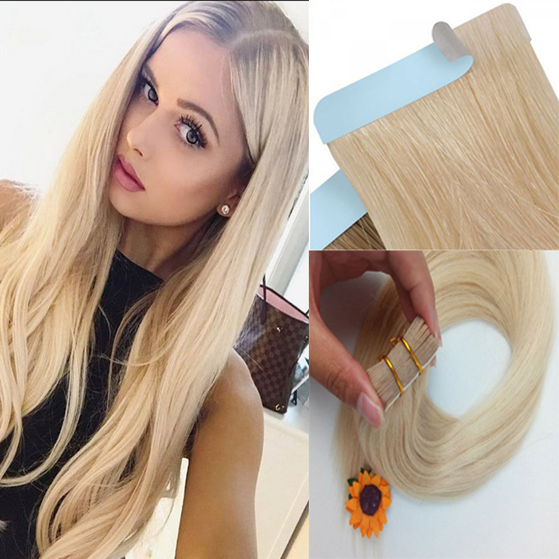 

PU Seamless Skin Tape In Weft Remy Human Hair Extensions Straight #60 platinum blonde Women Style 16-20inches 20PCS, Optional color