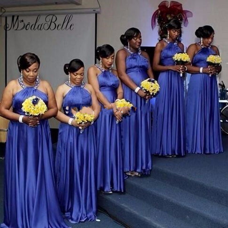 2017 African Long Bridesmaid Dresses Halter Wedding Guest Wear Satin Blue Sweep Train Beaded Open Back Party Plus Size Maid of Honor Gowns