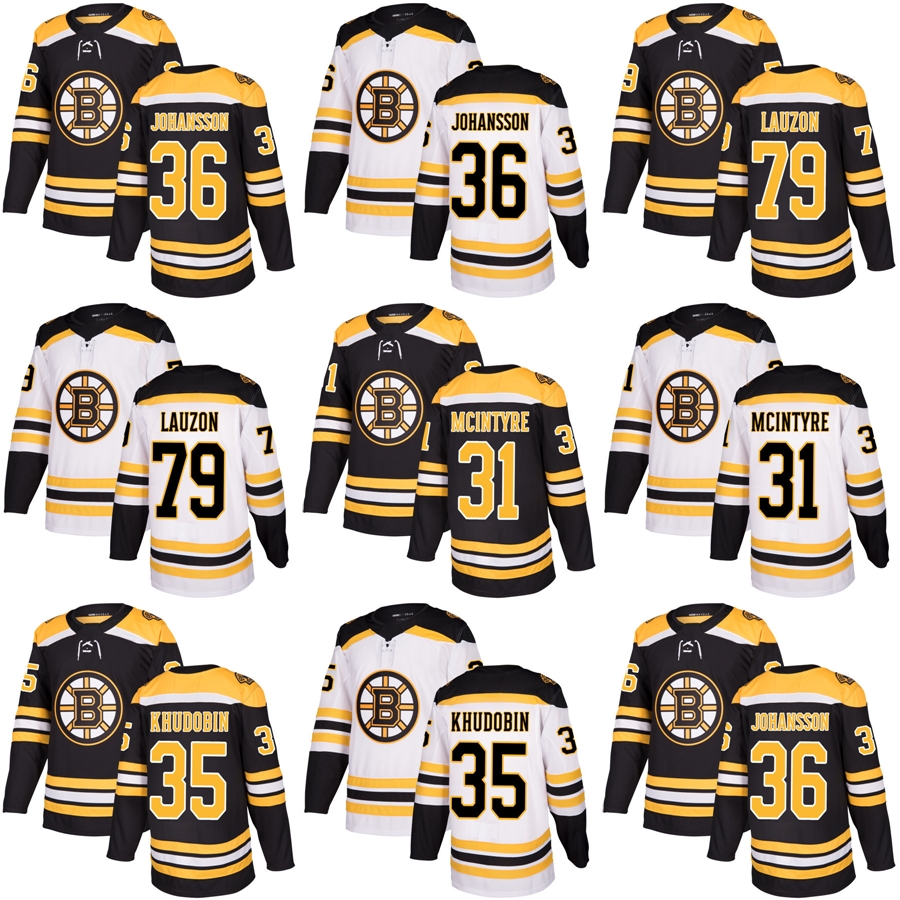 2017 Nouvelle Marque Hommes Boston Bruins 31 Zane McIntyre 35 Anton Khudobin 36 Emil Johansson Lauzon Noir Blanc Chandails De Hockey Sur Glace Ac