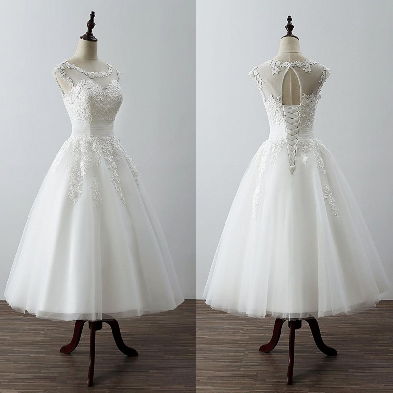

Real Photos 2017 Vintage Tulle Tea Length Wedding Dresses Cheap Sheer Scoop Neck Lace Applique Lace Up Short Informal Bridal Gowns EN111523, Ivory