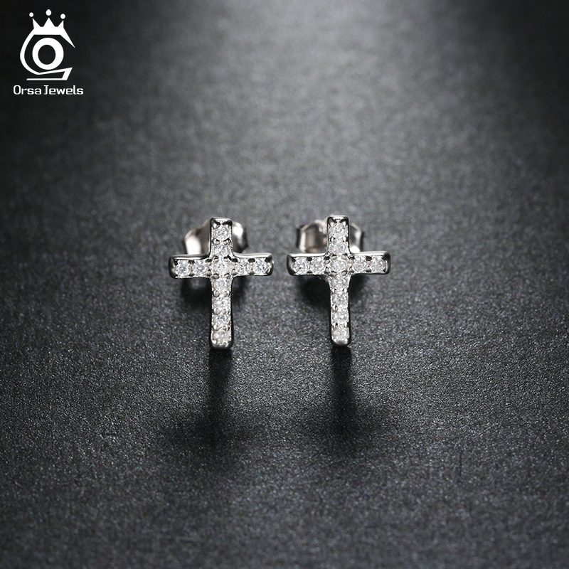 

Platinum Plated Cross Silver Stud Earring Micro Pave Austrian Cubic Zirconia for Wedding Fashion Women Jewelry OE132, Golden;silver