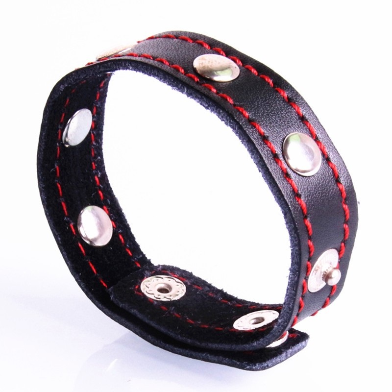 

China Adjustable Size cock ring rivets penis ring genuine leather button cock ring black red line penis sleeve anneau penis sex product