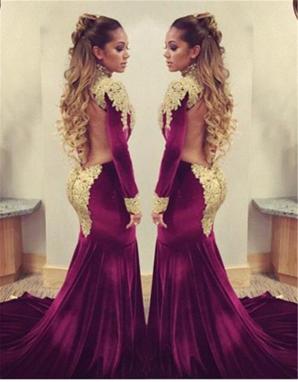 

Stunning Long Sleeve Golden Appliques Evening Dresses 2019 Mermaid With Train Velvet Open Back Prom Dress vestidos curtos, Blue