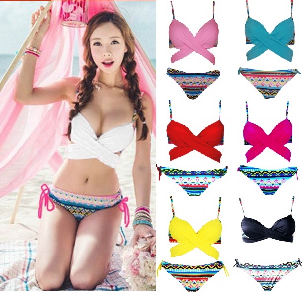Korean Style Criss Cross Halter Top Wrap Bikini Push Up Bathing Suits Sexy Print Swimwear Bottom Women Bandage Swimsuit-image-380406558