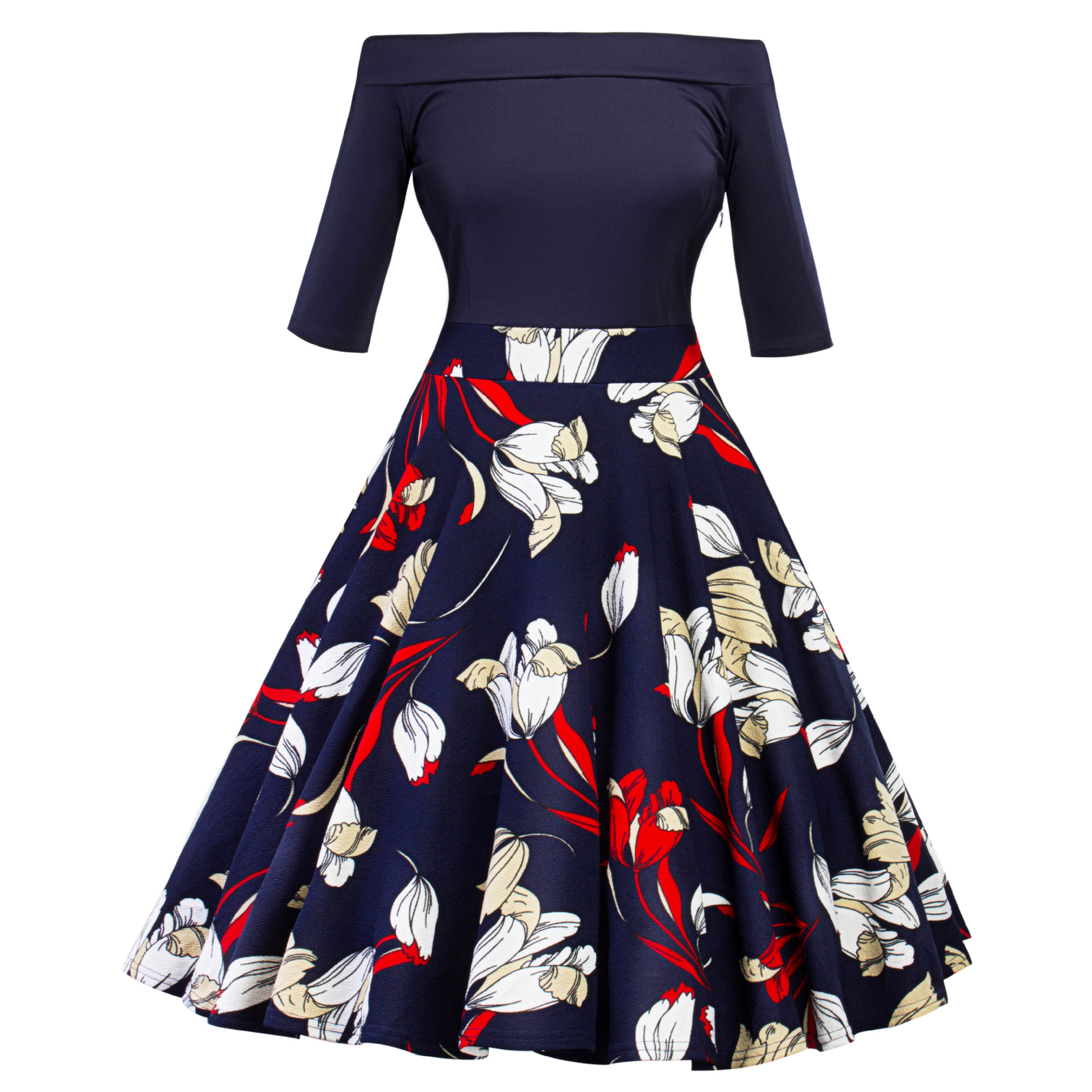 

2XL 2018 New Slash Neck woman dress vintage dress 50s Retro print robe A Line female party retro Causal Dresses FS2556, Red