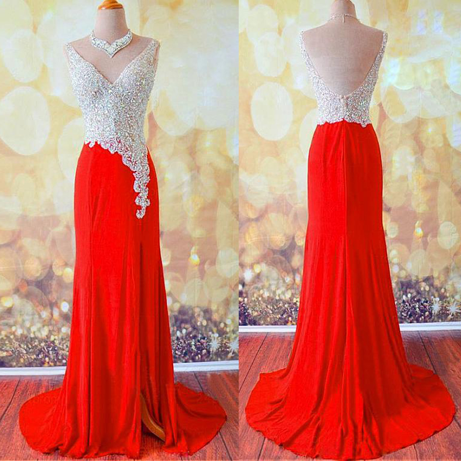 

Delicate Chiffon & Tulle V-neck Neckline Sheath Evening / Formal Dresses With Beadings & Rhinestones Red Prom Dresses vestidos fiesta, Water melon