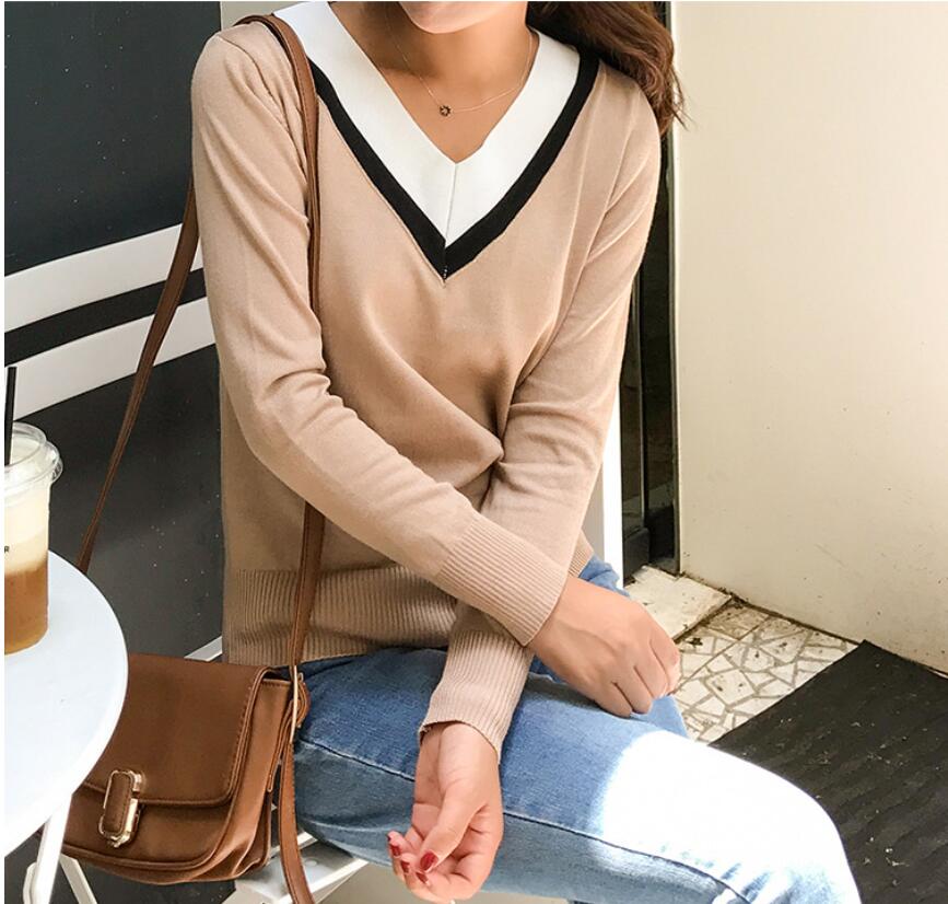 

Women's V Neck Knit Pullover Striped Neckline Long Sleeve Slim Cashmere Sweater Elastic Waist Preppy Style Knitwear for School Girls XMY, White