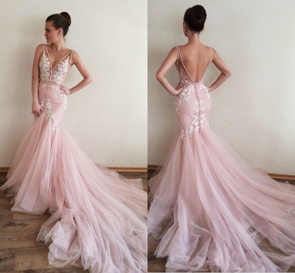 

Elegant Blush Pink Deep V neck Prom Evening Dresses Party Formal Gowns Lace Applique Tulle Court Train Ruffles Backless Cheap Designer, Fuchsia
