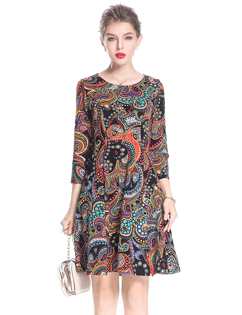 

Vintage Print Women A-Line Dress Ruons Neck Elegant 3/4 Sleeve Dresses 0917196, As pictures
