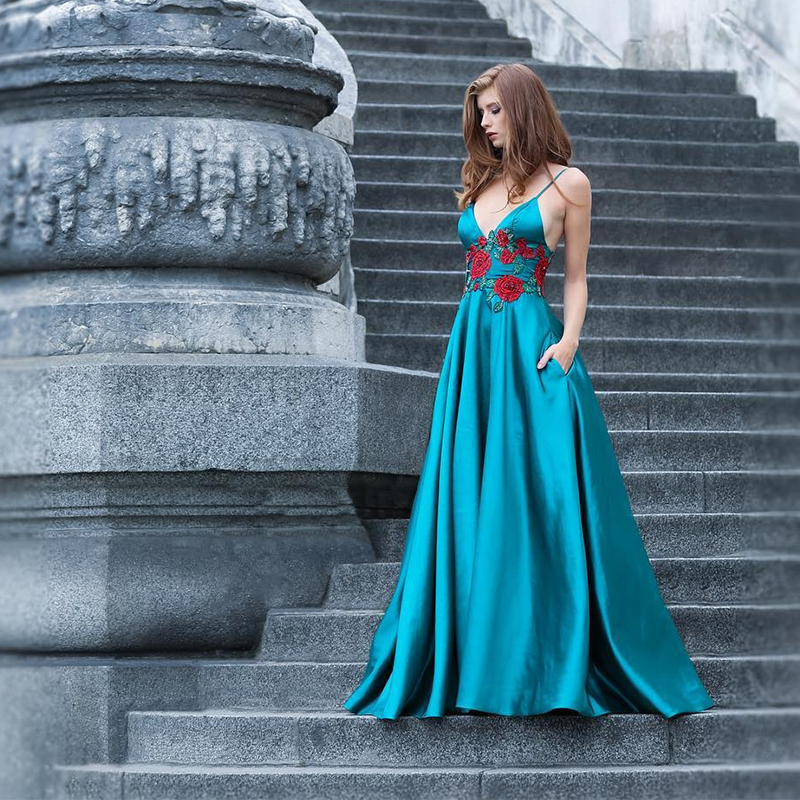 

Spaghetti Straps A-Line Blue Satin Prom Dresses Long Deep V Front Embroidery Flowers Waist Sexy Evening Party Dresses with Pockets Backless, Ivory