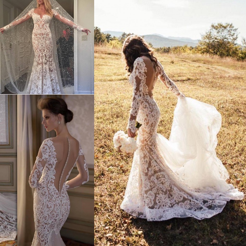 

Amazing Lace Detail Country Garden Mermaid Wedding Dresses with Long Sleeve Covered Button Sweep Train Berta Bridal Wedding Gown, Ivory