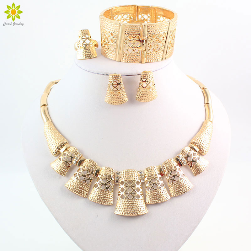 Gold Plated Jewelry Sets For Women Necklace Earrings Bracelet Rings Sets Fine African Beads Party Wedding Accessories