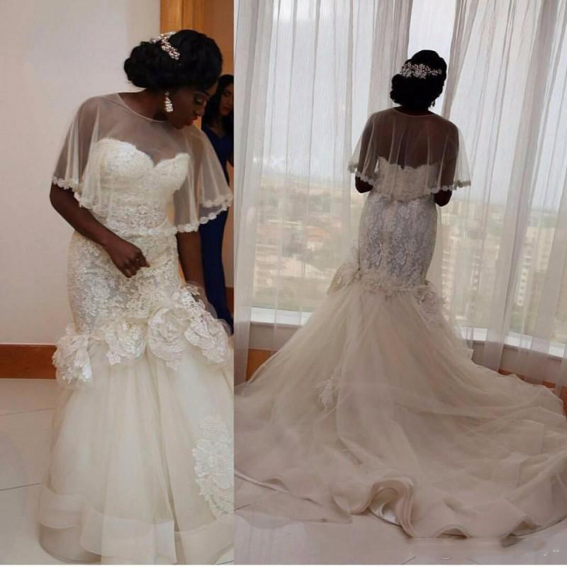 

South African New 3D Floral Appliques Mermaid Wedding Dresses China Bridal Gowns With Wrap Plus Size Tulle Court Train Vestidos De Novi, Same as image