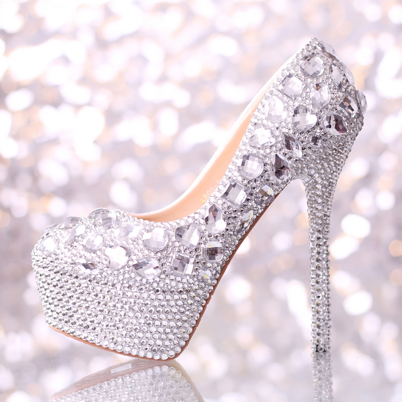 

Wedding Shoes Women High Heels Crystal Fashion Bridal Dress Shoes Woman Platforms Silver Rhinestone Party Prom Pumps