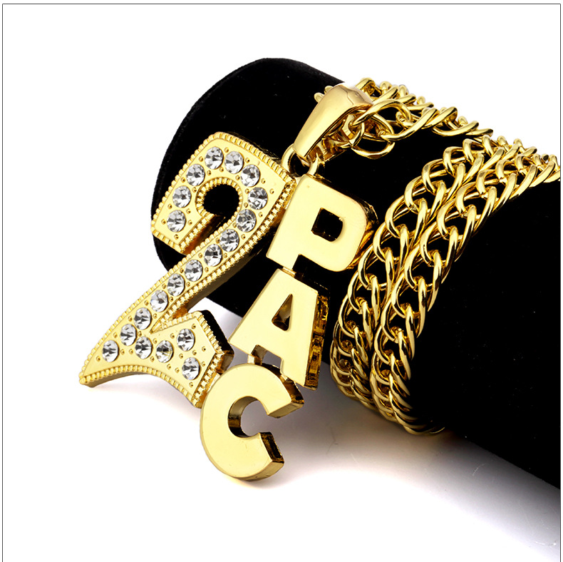 

80cm Twisted Long Chains Necklaces Shiny Rhinestone 2PAC Letters Pendant Hipsters NightClub Hip Hop Bijoux For Men Women Gold Silver