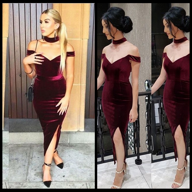 

2017 Burgundy Off Shoulder Cocktail Dresses Sexy Side Split Necklace Tea Length Prom Dress Cheap Fast Shipping Arabic Women Gown, Coral