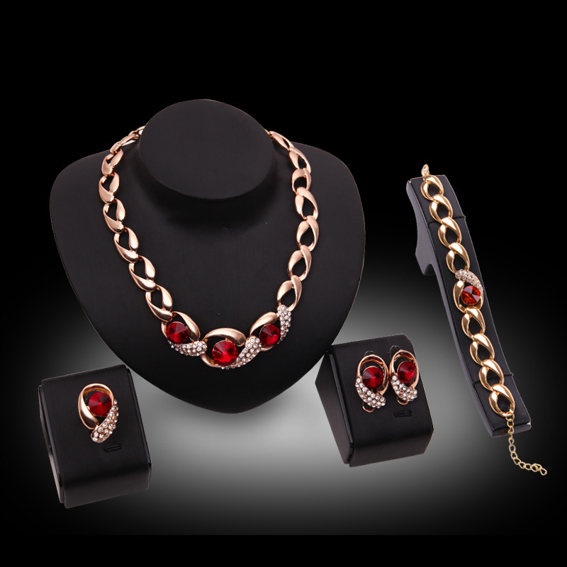 

Earrings Necklace Bracelet Ring Jewelry Set Luxury Exquisite Women Rhinestone 18K Gold Plated Wedding Jewelry 4-Piece Set Wholesale JS222