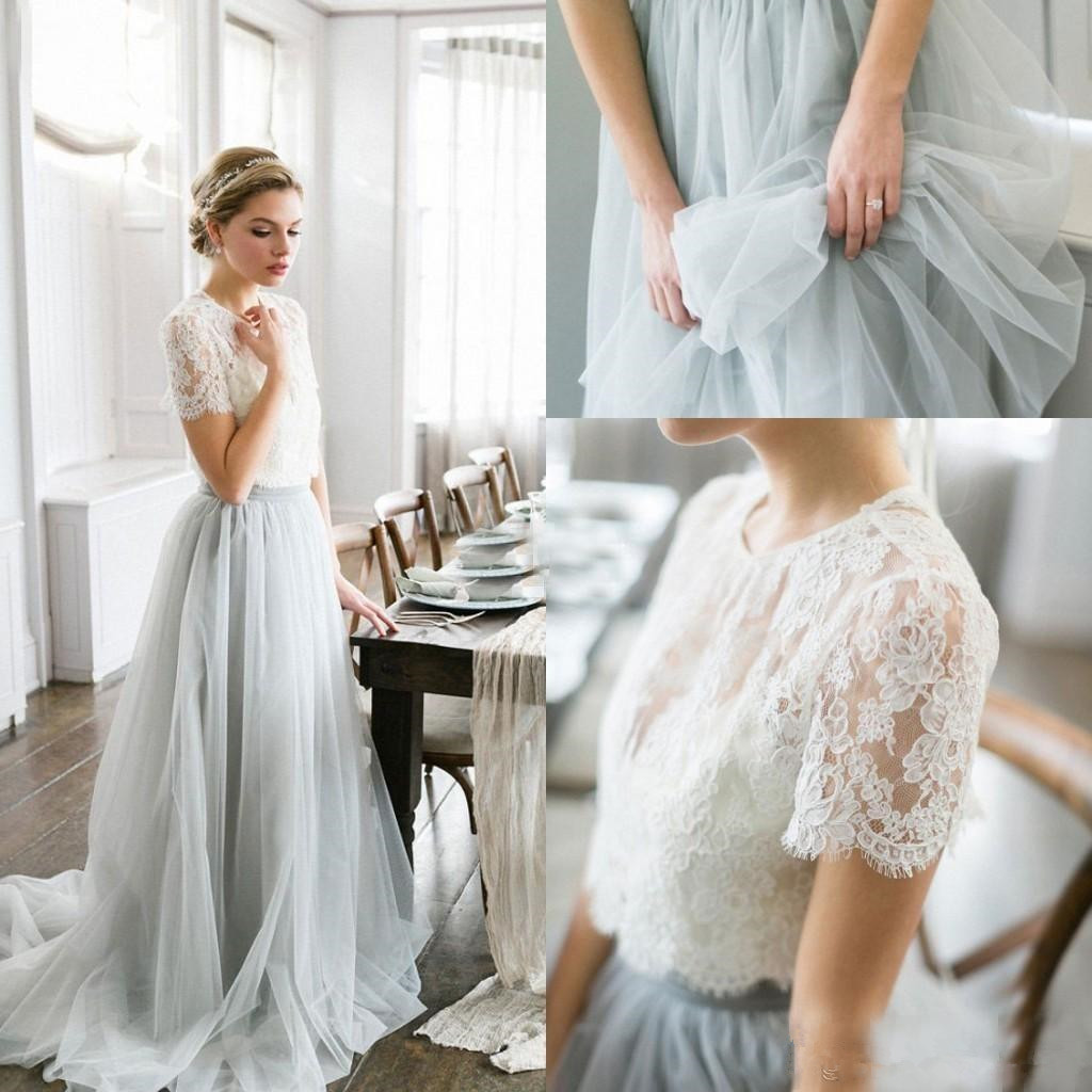 

Unique 2019 Two Pieces White and Grey Wedding Dresses Short Sleeve Lace Top Tulle Skirt A Line Bridal Gowns Custom Size, Gold