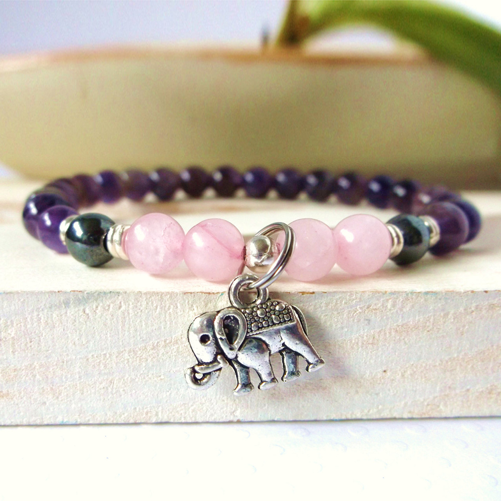

SN0344 Wholesale Elephant bracelet rose quartz & amethyst natural stone bracelet strength Ganesh yoga healing bracelet mala, Black
