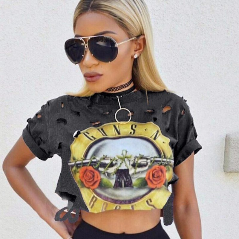 

Sexy Hole Women T-Shirt GUNS N ROSES Print Casual Crop Top T-Shirt Fashion Cropped Tops Personality Hollow Out Short Sleeve Tee Shirt Femme, White